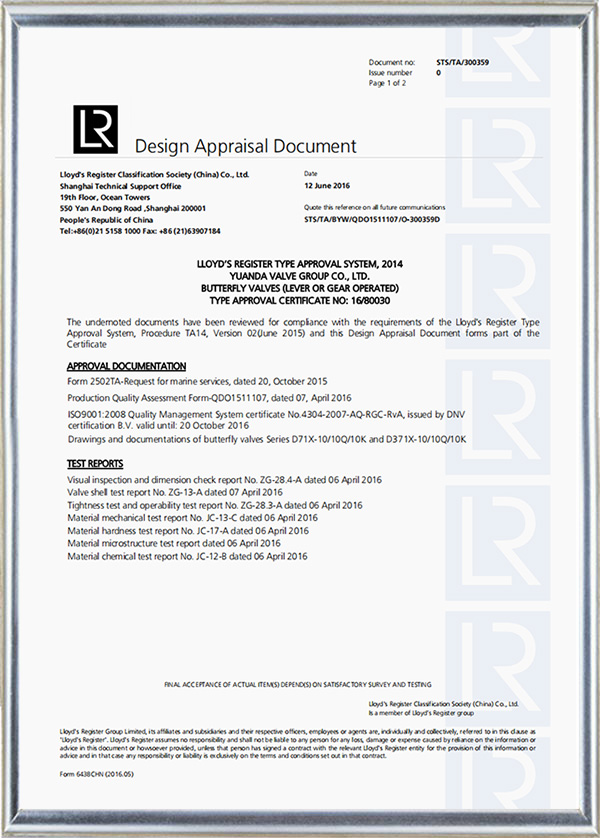 LLOYD'S REGISTER TYPE APPROVAL CERTIFICATE